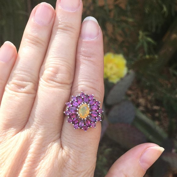 Genuine Opal & Garnet Halo Ring .925 Sterling Silver Natural Gemstones Sz 5 or 7 - Picture 6 of 16